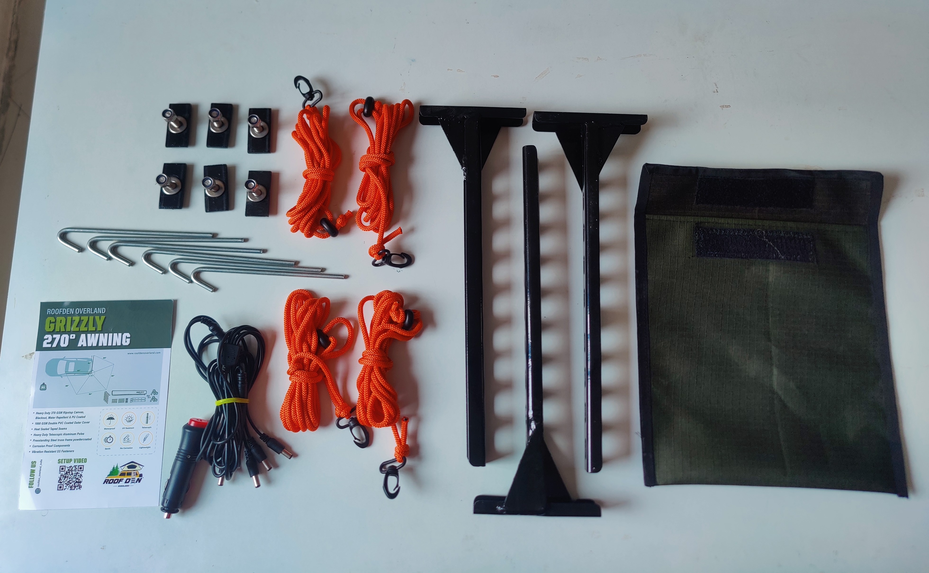Comes with 3x Brackets, LED connectors, Guy lines, Pegs, Installation hardware, Storage pouch and Instruction card